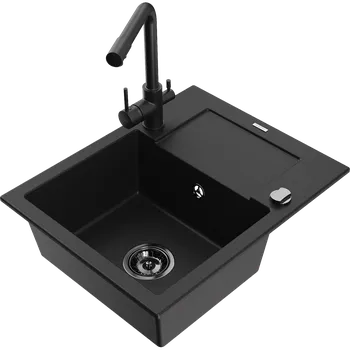 Granitový dřez Mexen Enzo jednokomorový granitový dřez s odkapávačem a kuchyňskou baterií Duero, černý - 6506-77-671600-70-B Granitové dřezy s baterií