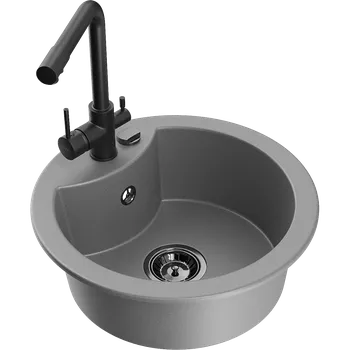 Granitový dřez Mexen Diego granitový dřez 1-komorový s kuchyňskou baterií Duero, šedý - 6512-71-671600-70-B Granitové dřezy s baterií