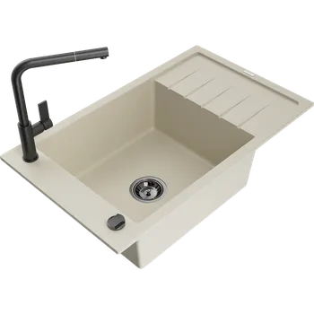 Granitový dřez Mexen Elias granitový dřez 1-komorový s odkapávačem a kuchyňskou baterií Flora, béžový - 6511-69-670401-70-B Granitové dřezy s baterií