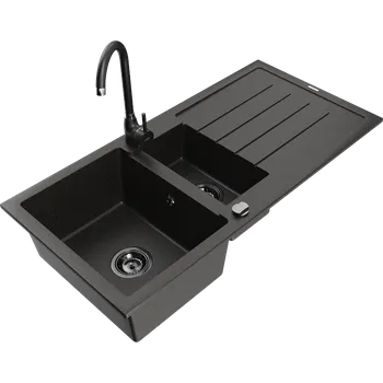 Granitový dřez Mexen Andres granitový dřez 1,5-komorový s odkapávačem a kuchyňskou baterií Telma, černý/zlatý - 6515-75-670200-70-B Granitové dřezy s baterií