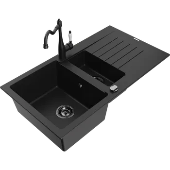 Granitový dřez Mexen Matias granitový dřez 1,5komorový s odkapávačem a kuchyňskou baterií Carla, černý - 6502-77-670700-70-B Granitové dřezy s baterií