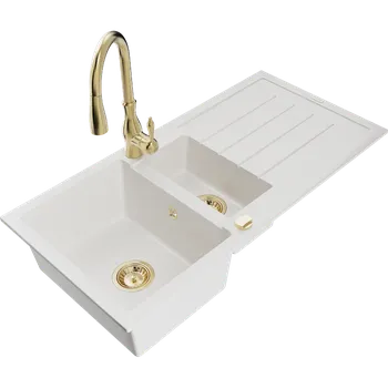 Granitový dřez Mexen Andres granitový dřez 1,5-komorový s odkapávačem a kuchyňskou baterií Savita, bílý - 6515-20-672601-50 Granitové dřezy s baterií