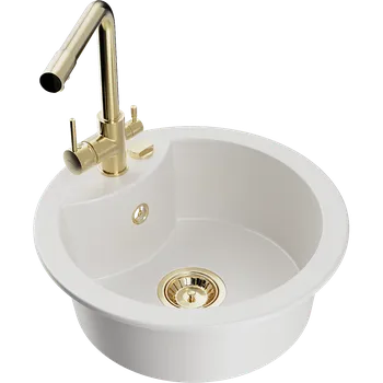 Granitový dřez Mexen Diego granitový dřez 1-komorový s kuchyňskou baterií Duero, bílý - 6512-20-671600-50 Granitové dřezy s baterií