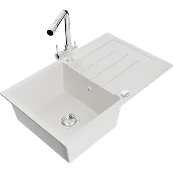 Granitový dřez Mexen Bruno granitový dřez s jednou komorou a odkapávačem a kuchyňskou baterií Duero, bílý - 6513-20-671600-00 Granitové dřezy s baterií