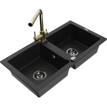 Granitový dřez Mexen Mario žulový dřez s 2 komorami a kuchyňskou baterií Duero, černý - 6504-77-671600-50-B Granitové dřezy s baterií