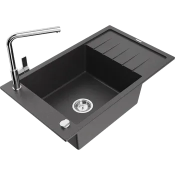 Mexen Elias granitový dřez s 1 komorou s odkapávačem a kuchyňskou baterií Flora, černý skvrnitý - 6511-76-670401-00 Granitové dřezy s baterií