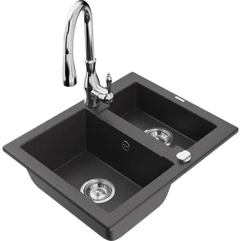 Granitový dřez Mexen Carlos granitový dřez 1,5-komorový s kuchyňskou baterií Savita, černý s tečkami - 6518-76-672601-00 Granitové dřezy s baterií