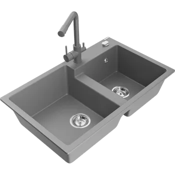 Granitový dřez Mexen Tomas žulový dřez s dvoukomorou a kuchyňskou baterií Duero, šedý - 6516-71-671600-71 Granitové dřezy s baterií