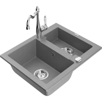 Granitový dřez Mexen Carlos granitový dřez 1,5-komorový s kuchyňskou baterií Carla, šedý - 6518-71-670700-00 Granitové dřezy s baterií
