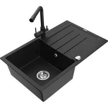 Granitový dřez Mexen Bruno žulový dřez s jednou komorou a odkapávačem a kuchyňskou baterií Duero, černá - 6513-77-671600-70 Granitové dřezy s baterií