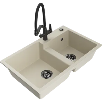 Granitový dřez Mexen Tomas dřez granitový 2-komorový s kuchyňskou baterií Duo, béžový - 6516-69-671701-70-B Granitové dřezy s baterií