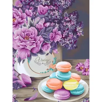 Diamantové malování Diamantové malování/Huacan - Fialová květina a makronky