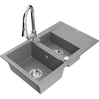 Granitový dřez Mexen Gaspar granitový dřez 1,5-komorový s odkapávačem a kuchyňskou baterií Elia, šedý - 6507-71-670101-00 Granitové dřezy s baterií