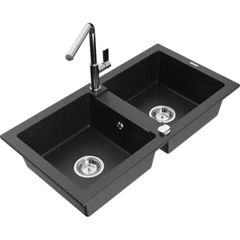 Granitový dřez Mexen Mario dvoukomorový granitový dřez s kuchyňskou baterií Flora, černý/stříbrný metalík - 6504-73-670401-00 Granitové dřezy s baterií