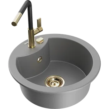 Granitový dřez Mexen Diego granitový dřez 1-komorový s kuchyňskou baterií Flora, šedý - 6512-71-670401-57-G Granitové dřezy s baterií