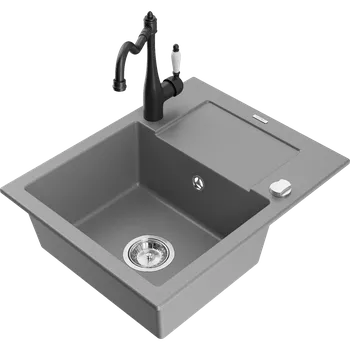 Granitový dřez Mexen Enzo granitový dřez s 1 komorou s odkapávačem a kuchyňskou baterií Carla, šedý - 6506-71-670700-70 Granitové dřezy s baterií