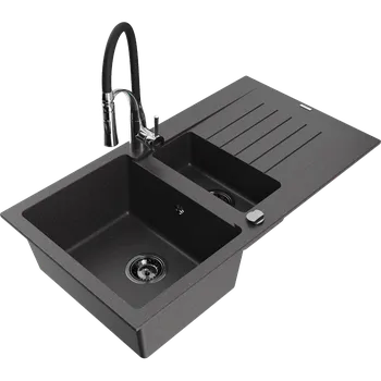 Kuchyňský dřez Mexen Matias granitový dřez 1,5-komorový s odkapávačem a kuchyňskou baterií Aster, černý tečkovaný - 6502-76-73450-07-B Granitové dřezy s baterií