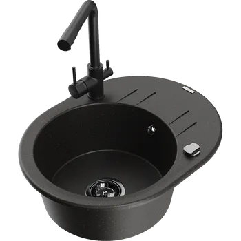 Granitový dřez Mexen Kevin granitový dřez s 1 komorou s odkapávačem a kuchyňskou baterií Duero, černý/zlatý metalík - 6517-75-671600-70-B Granitové dřezy s baterií