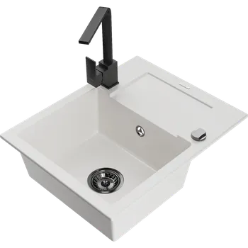 Granitový dřez Mexen Enzo granitový dřez s odkapávačem a kuchyňskou baterií Rita, bílý - 6506-20-670300-70 Granitové dřezy s baterií