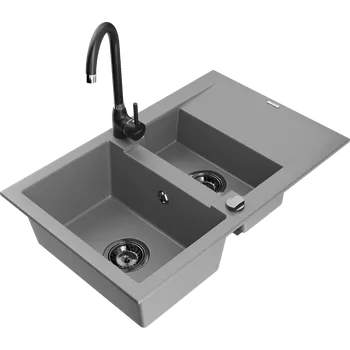 Granitový dřez Mexen Gaspar granitový dřez 1,5-komorový s odkapávačem a kuchyňskou baterií Telma, šedý - 6507-71-670200-70-B Granitové dřezy s baterií