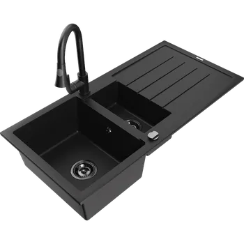 Granitový dřez Mexen Andres žulový dřez 1,5-komorový s odkapávačem a kuchyňskou baterií Elia, černý - 6515-77-670101-70-B Granitové dřezy s baterií