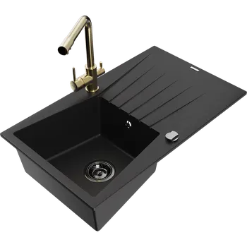 Granitový dřez Mexen Cesar granitový dřez 1-komorový s odkapávačem a kuchyňskou baterií Duero, černý - 6514-77-671600-50-B Granitové dřezy s baterií