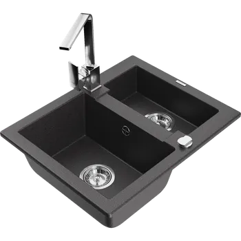 Granitový dřez Mexen Carlos žulový dřez 1,5-komorový s kuchyňskou baterií Rita, černý kropenatý - 6518-76-670300-00 Granitové dřezy s baterií