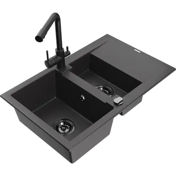 Granitový dřez Mexen Gaspar granitový dřez 1,5-komorový s odkapávačem a kuchyňskou baterií Duero, černý kropenatý - 6507-76-671600-70-B Granitové dřezy s baterií