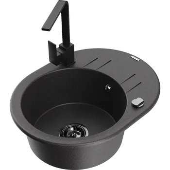 Granitový dřez Mexen Kevin granitový dřez s 1 komorou s odkapávačem a kuchyňskou baterií Rita, černý s tečkami - 6517-76-670300-70-B Granitové dřezy s baterií