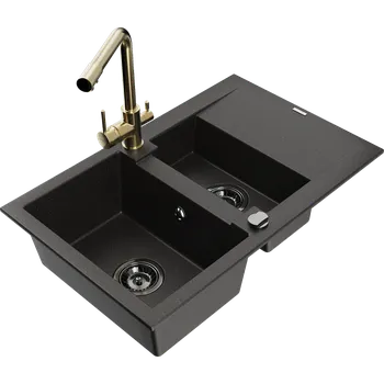 Kuchyňský dřez Mexen Gaspar granitový dřez 1,5-komorový s odkapávačem a kuchyňskou baterií Duero, černý/zlatý - 6507-75-671600-50-B Granitové dřezy s baterií