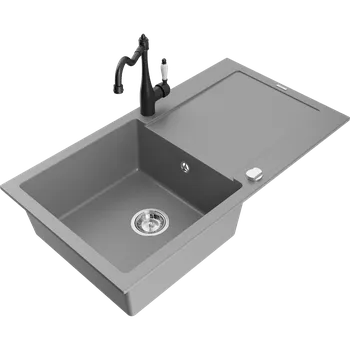 Granitový dřez Mexen Leo granitový dřez 1-komorový s odkapávačem a kuchyňskou baterií Carla, šedá - 6501-71-670700-70 Granitové dřezy s baterií