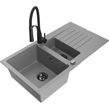 Granitový dřez Mexen Matias granitový dřez 1,5-komorový s odkapávačem a kuchyňskou baterií Aster, šedý - 6502-71-73450-70-B Granitové dřezy s baterií