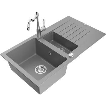 Granitový dřez Mexen Matias granitový dřez 1,5-komorový s odkapávačem a kuchyňskou baterií Carla, šedý - 6502-71-670700-00 Granitové dřezy s baterií