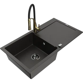 Granitový dřez Mexen Leo granitový dřez 1-komorový s odkapávačem a kuchyňskou baterií Aster, černý/zlatý metalik - 6501-75-73450-57-B Granitové dřezy s baterií