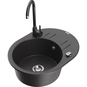 Granitový dřez Mexen Kevin granitový dřez 1-komorový s odkapávačem a kuchyňskou baterií Telma, skvrnitý - 6517-76-670200-76 Granitové dřezy s baterií