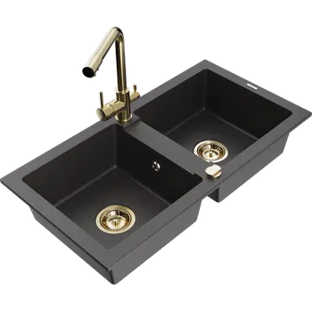 Granitový dřez Mexen Mario granitový dřez s 2 komorami a kuchyňskou baterií Duero, černá skvrnitá - 6504-76-671600-50 Granitové dřezy s baterií