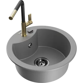 Granitový dřez Mexen Diego granitový dřez 1-komorový s kuchyňskou baterií Flora, šedý - 6512-71-670401-57-B Granitové dřezy s baterií