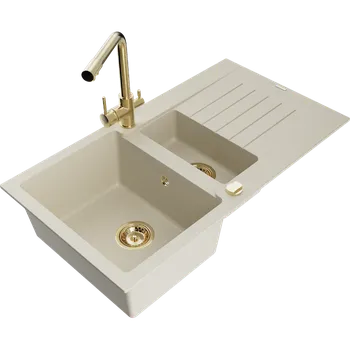 Granitový dřez Mexen Matias granitový dřez 1,5-komorový s odkapem a kuchyňskou baterií Duero, béžový - 6502-69-671600-50 Granitové dřezy s baterií