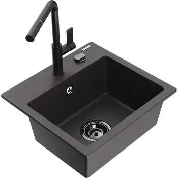 Granitový dřez Mexen Milo granitový dřez 1-komorový s kuchyňskou baterií Flora, černý skvrnitý - 6505-76-670401-70-B Granitové dřezy s baterií