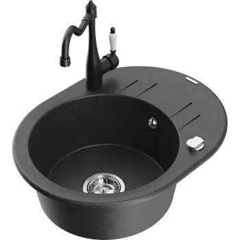 Granitový dřez Mexen Kevin granitový dřez 1-komorový s odkapávačem a kuchyňskou baterií Carla, černý kropenatý - 6517-76-670700-70 Granitové dřezy s baterií