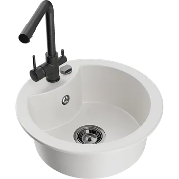 Granitový dřez Mexen Diego granitový jednodřez s kuchyňskou baterií Duero, bílý - 6512-20-671600-70 Granitové dřezy s baterií