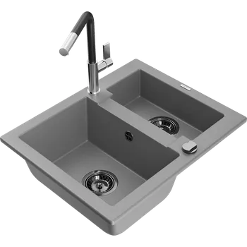 Granitový dřez Mexen Carlos granitový dřez 1,5-komorový s kuchyňskou baterií Flora, šedý - 6518-71-670401-07-B Granitové dřezy s baterií