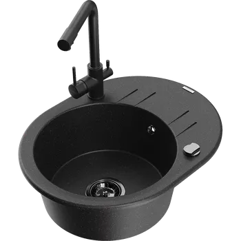 Granitový dřez Mexen Kevin granitový dřez 1-komorový s odkapávačem a kuchyňskou baterií Duero, černý/stříbrný metalik - 6517-73-671600-70-B Granitové dřezy s baterií