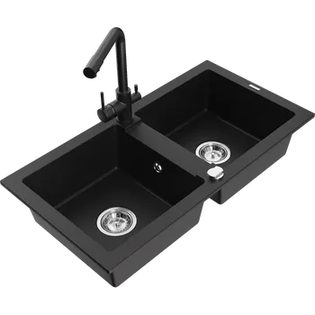 Granitový dřez Mexen Mario granitový dřez s 2 komorami a kuchyňská baterie Duero, černá - 6504-77-671600-70 Granitové dřezy s baterií