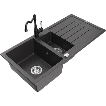Granitový dřez Mexen Andres granitový dřez 1,5-komorový s odkapávačem a kuchyňskou baterií Carla, černý skvrnitý - 6515-76-670700-70 Granitové dřezy s baterií
