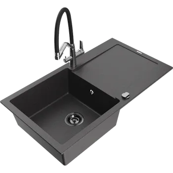 Mexen Leo granitový dřez 1-komorový s odkapávačem a kuchyňskou baterií Duo, černý kropenatý - 6501-76-671701-07-B Granitové dřezy s baterií