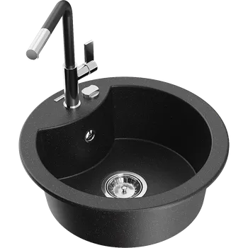 Granitový dřez Mexen Diego granitový dřez 1-komorový s kuchyňskou baterií Flora, černý/stříbrný metalik - 6512-73-670401-07 Granitové dřezy s baterií