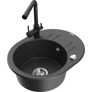 Granitový dřez Mexen Kevin granitový dřez 1-komorový s odkapávačem a kuchyňskou baterií Duero, černý skvrnitý - 6517-76-671600-70 Granitové dřezy s baterií