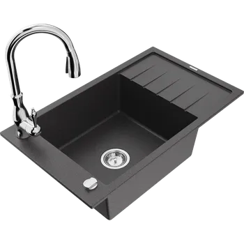 Granitový dřez Mexen Elias kuchyňský dřez granitový 1-komorový s odkapávačem a kuchyňskou baterií Savita, černý skvrnitý - 6511-76-672601-00 Granitové dřezy s baterií