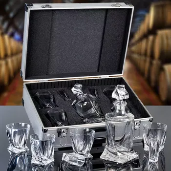 Karafa QUADRO Bohemia Crystal Dárková sada křišťálu v hliníkovém kufru k svatbě, výročí, vánocům, valentýnu Standardní víko